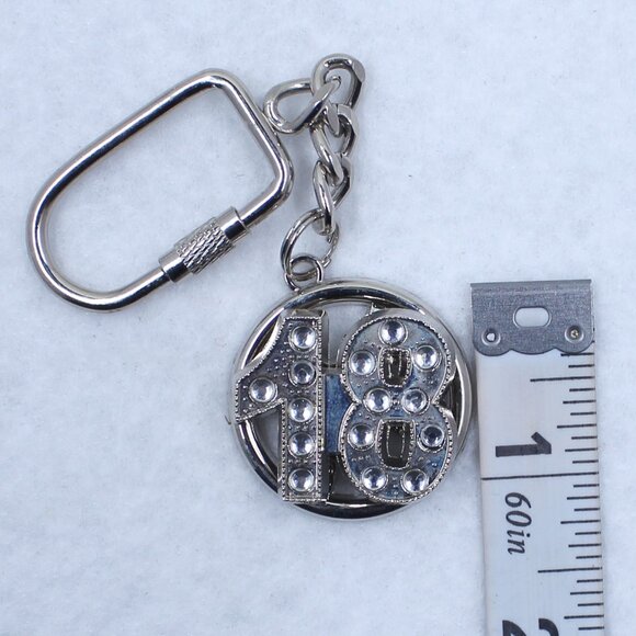 Silver Tone Keychain With Spinning Number 18 And Rhinestones - Picture 4 of 10